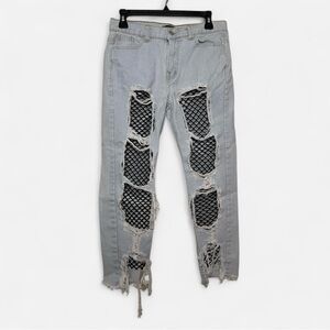 Brooklyn Karma Fishnet Boyfriend Jeans in Light Steel Blue Size Small Mixology